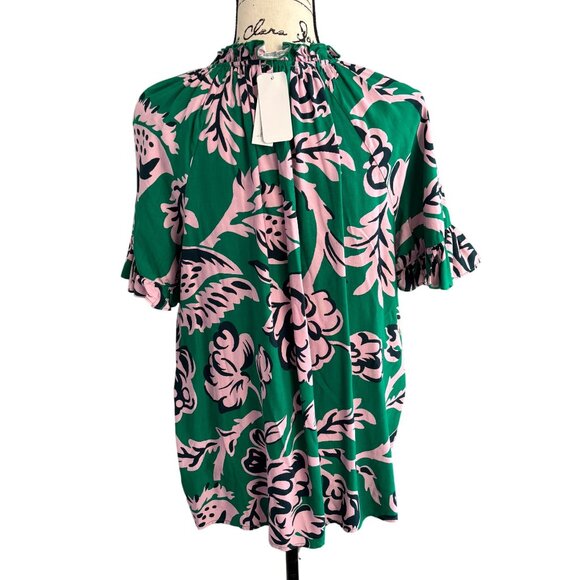 Philosophy Tie Neck Floral Blouse Top Short Ruffle Sleeves Sz Large Green Pink - Picture 4 of 9